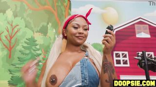 PLUMPER ebony COUGAR strokes 2 good-sized bone shemales and has ass-fuck 3some