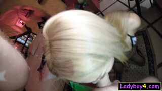 Handcuffed blonde Asian ladyboy POV blowjob and bareback anal sex