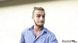 Busty tgirl Casey Kisses facefucking a guy while anal riding