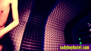 Asian tranny with big cock swallowed big white cock and jerked off his dick