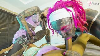 Wide open Dual Buttfuck Three-way with tat Chick and 2 She-male tramps - Facial cumshot & ASS TO MOUTH