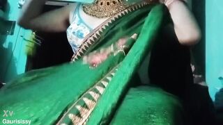 Indian Batty boy Bottom Crossdresser Gaurisissy pressing his baps so stiff with strong jwellery in green Saree real hardcore bang-out
