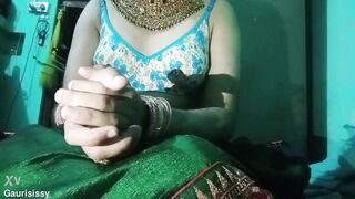 Indian Batty boy Bottom Crossdresser Gaurisissy pressing his baps so stiff with strong jwellery in green Saree real hardcore bang-out