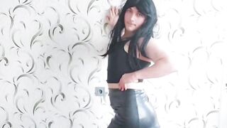 Pretty Gothic Goddess Femboy in Leather Mini-skirt and Scorching Stocking Sweet Fetching Figure