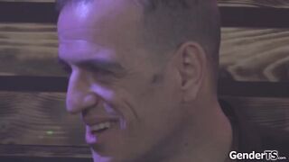 Tranny sista blows a load while being ass-fuck screwed in the bar