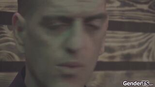 Tranny sista blows a load while being ass-fuck screwed in the bar