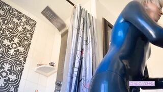 Blonde cosplay tgirl strokes her shecock