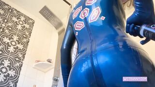 Blonde cosplay tgirl strokes her shecock