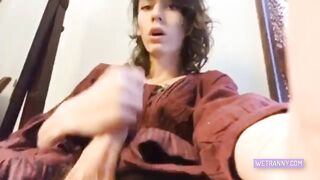 Brunette Tgirl Strokes Her Cock