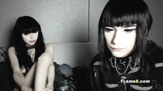 Emo girl jerks goth shemale cock while sucking deep