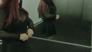 Shemale wearing lingerie stripping in public elevator