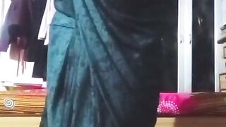 Indian Bum chum Crossdresser Bottom pressing and toying with her immense boobies in black saree real homemade gonzo fuckfest