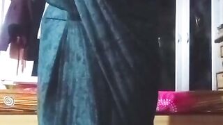 Indian Bum chum Crossdresser Bottom pressing and toying with her immense boobies in black saree real homemade gonzo fuckfest