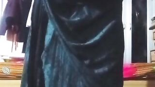 Indian Bum chum Crossdresser Bottom pressing and toying with her immense boobies in black saree real homemade gonzo fuckfest