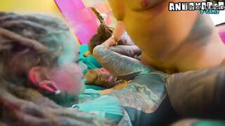 Strong inked PORNOGRAPHIC STARS in GROUP SEX with 8 MEATY SHAFTS