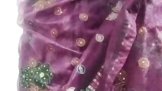 Indian Batty man Crossdresser Bottom Gaurisissy demonstrating her humungous fun bags in purple saree