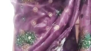 Indian Batty man Crossdresser Bottom Gaurisissy demonstrating her humungous fun bags in purple saree
