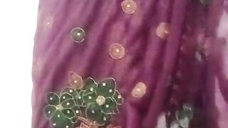 Indian Batty man Crossdresser Bottom Gaurisissy demonstrating her humungous fun bags in purple saree