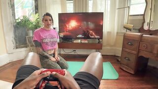 Inked Shemale Interrupts Gaming Get His Knuckle And BIG BLACK COCK Up Her Rump