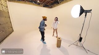 VRB Trans: Black-haired T-Lady Model In Undergarments Inhales a Yam-sized Meatpipe During Pic Sesh