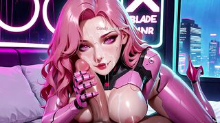 Neon Cyberpunk Shemale in Pink Latex Plays with Cock
