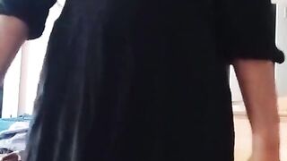 Indian Homo Crossdresser Gaurisissy demonstrating and pressing her large bra-stuffers in black sundress