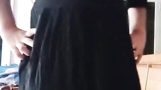 Indian Homo Crossdresser Gaurisissy demonstrating and pressing her large bra-stuffers in black sundress