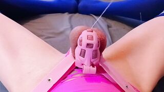 Hands-free cumming in my lil pink cage