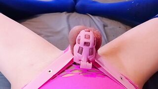 Hands-free cumming in my lil pink cage