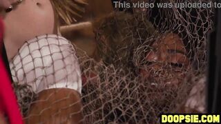 Immense backside ebony thief caught and penalized by 2 enormous man rod ladyboys