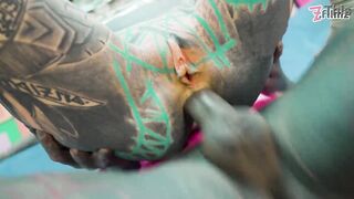 Strongly inked duo hard-core BUM SEX nail