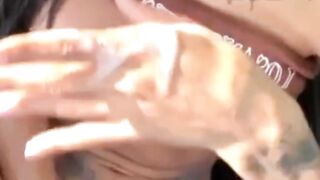 Huge dick eat her own cum outdoor