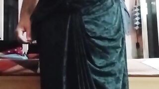 Indian Gayboy Crossdresser Gaurisissy perceiving nasty in black saree displaying her immense melons