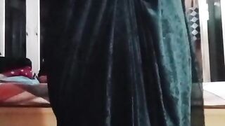 Indian Gayboy Crossdresser Gaurisissy perceiving nasty in black saree displaying her immense melons