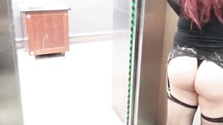 Shemale fucks a BBC dildo in public elevator wearing lingerie