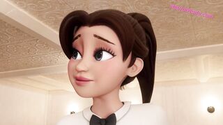 Busty waitress gives her FUTA customer a surprise blowjob