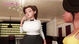 Busty waitress gives her FUTA customer a surprise blowjob