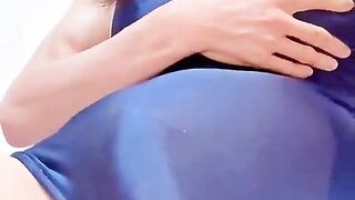 TRANSSEXUAL Anime Bathing suit Solo - Wanking Off & Jizzing Inwards Latex Taunt