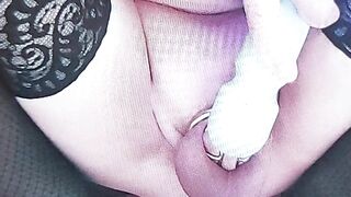 Julie cums in chastity cage