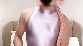 astolfo femboy in cock-squeezing bathing suit spills and ejaculates