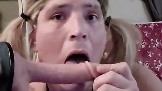lucy laurel deep-throats XXL faux-cock and milks off