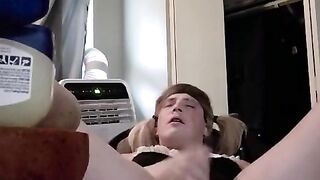 lucy laurel deep-throats XXL faux-cock and milks off