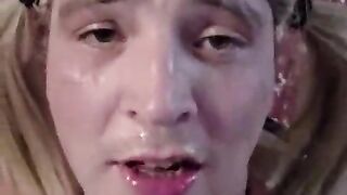 lucy laurel deep-throats XXL faux-cock and milks off