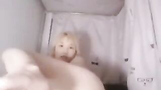 Blonde Asian Shemale Stroking Hard Cock in Tight Hole