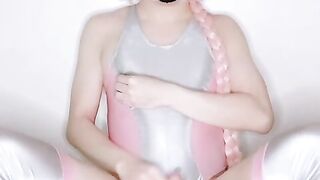 astolfo femboy in glossy bikini rails faux-cock and finishes off