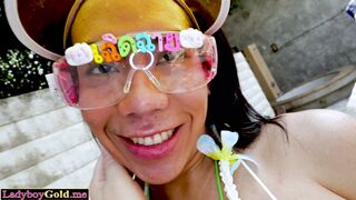 Playful amateur Thai ladyboy teen Poy stretching lovers white ass bareback