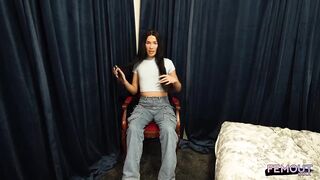 FEMOUT HARDCORE - Slender Dark haired Trans Chick Uses Rosy Electro-hitachi While Dressed in Sheer Stockings