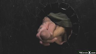 Jerk and suck off my hard shemale cock through the gloryhole