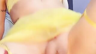 Railing man sausage in yellow undergarments