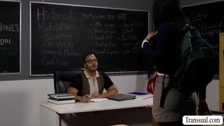 Big-titted TRANSSEXUAL gives instructor boob fucking for her grades
